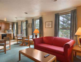 executive suite with view of living, dining, and kitchen area